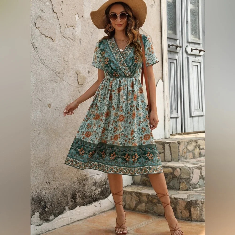 Boho Floral Print Surplice Neck‎ A-LINE Dress